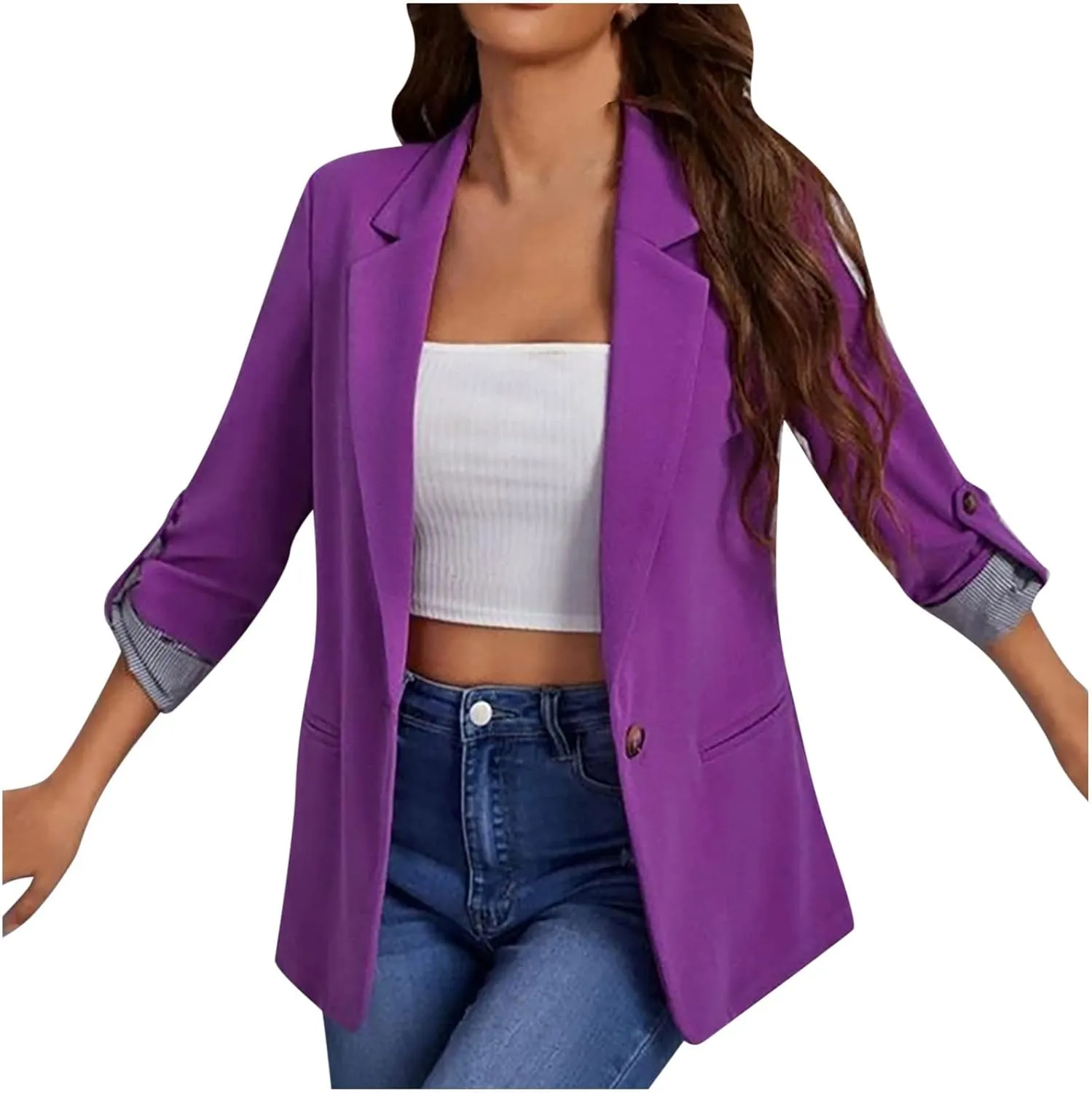 2022 Trendy Blazer Tops for Womens One Button Casual Business Blazer Jackets Women's Lapel Solid Blazers with Pockets
