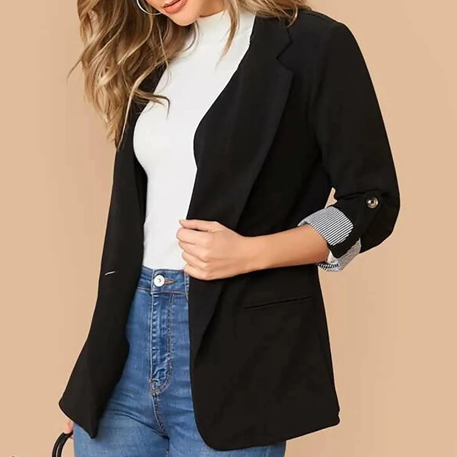 2022 Trendy Blazer Tops for Womens One Button Casual Business Blazer Jackets Women's Lapel Solid Blazers with Pockets