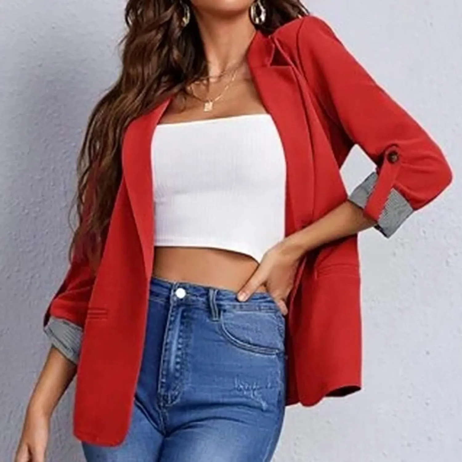 2022 Trendy Blazer Tops for Womens One Button Casual Business Blazer Jackets Women's Lapel Solid Blazers with Pockets