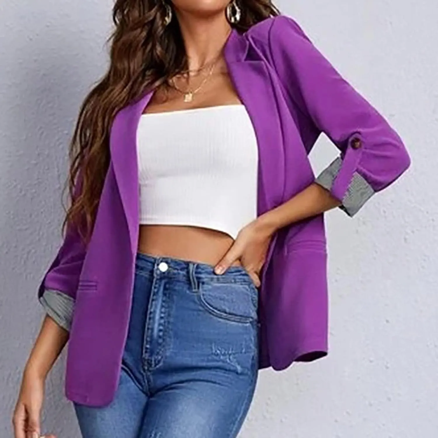 2022 Trendy Blazer Tops for Womens One Button Casual Business Blazer Jackets Women's Lapel Solid Blazers with Pockets