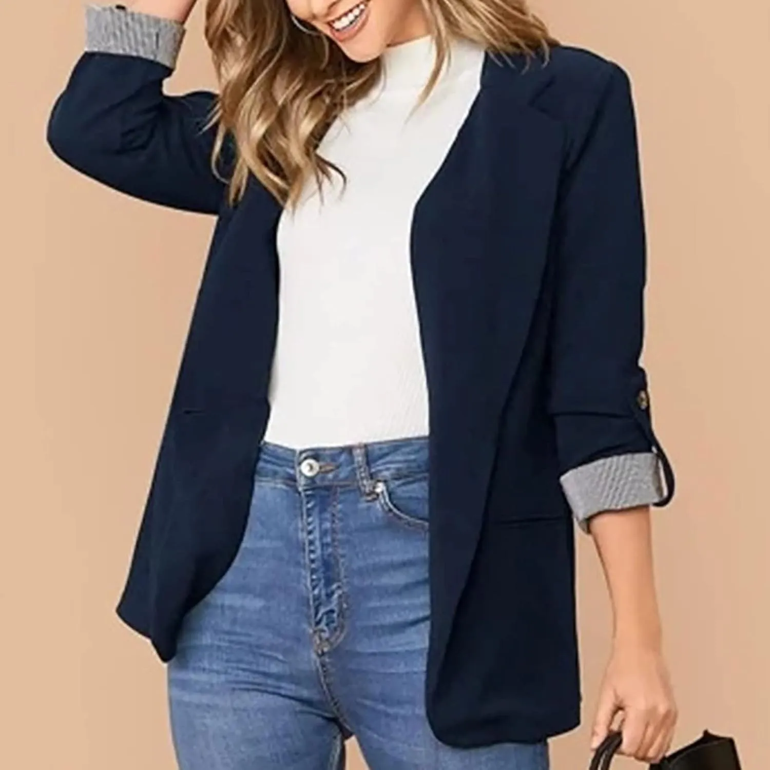2022 Trendy Blazer Tops for Womens One Button Casual Business Blazer Jackets Women's Lapel Solid Blazers with Pockets