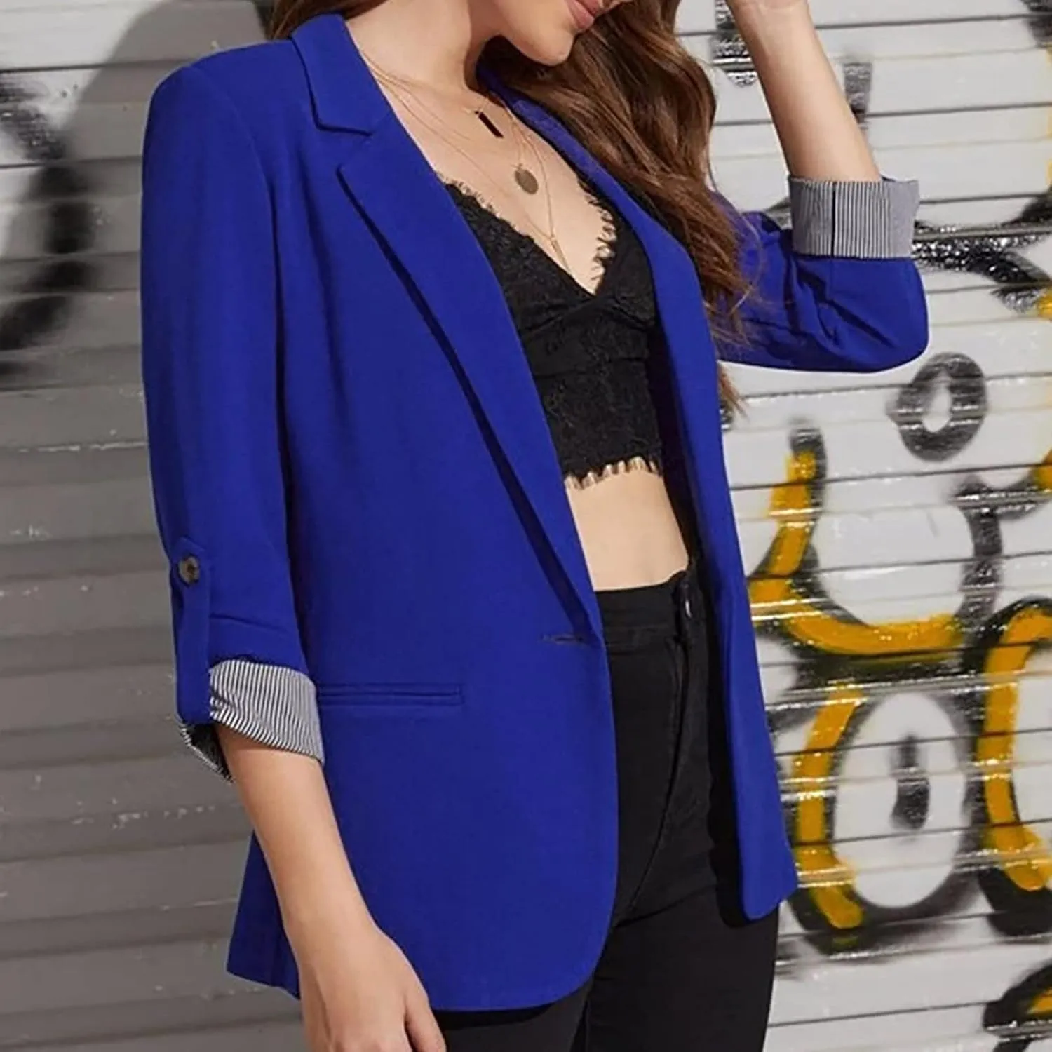 2022 Trendy Blazer Tops for Womens One Button Casual Business Blazer Jackets Women's Lapel Solid Blazers with Pockets