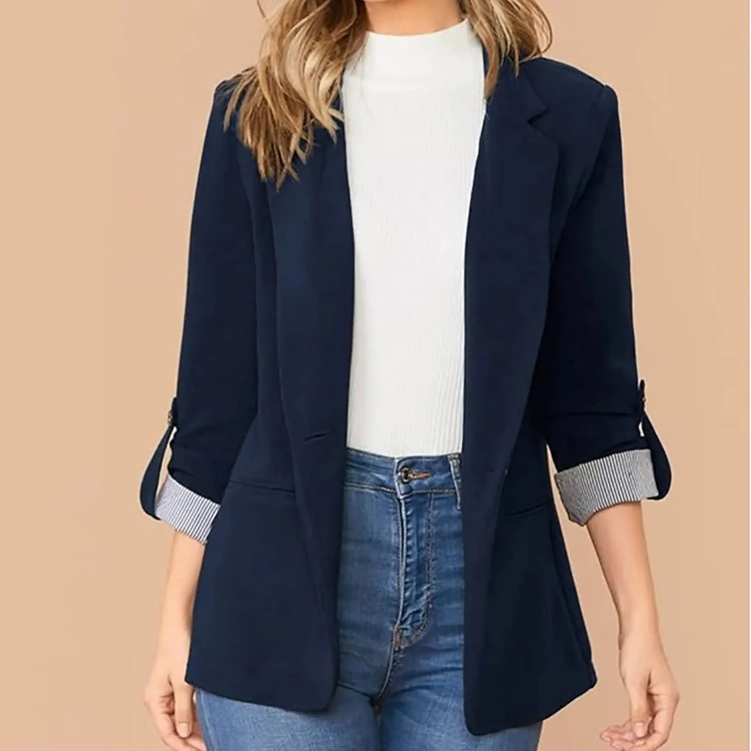 2022 Trendy Blazer Tops for Womens One Button Casual Business Blazer Jackets Women's Lapel Solid Blazers with Pockets