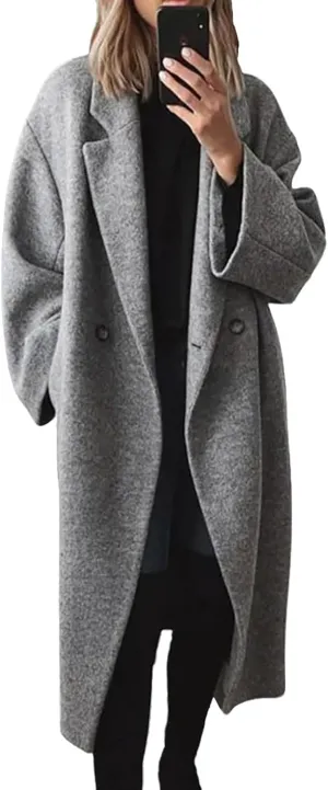 2024 Women's Winter Wool Blend Coat Oversized Double Breasted Long Trench Overcoat Long Sleeve Notch Lapel Coat