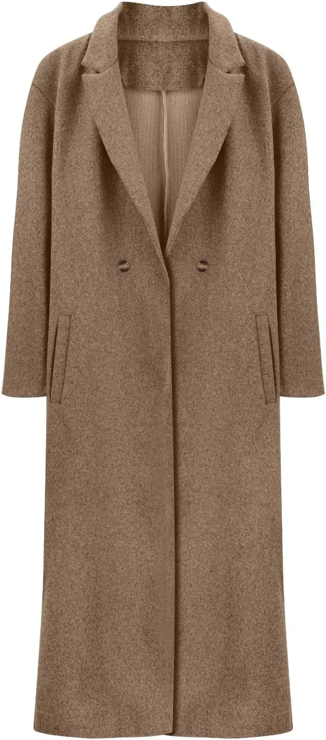 2024 Women's Winter Wool Blend Coat Oversized Double Breasted Long Trench Overcoat Long Sleeve Notch Lapel Coat