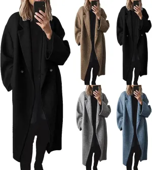 2024 Women's Winter Wool Blend Coat Oversized Double Breasted Long Trench Overcoat Long Sleeve Notch Lapel Coat