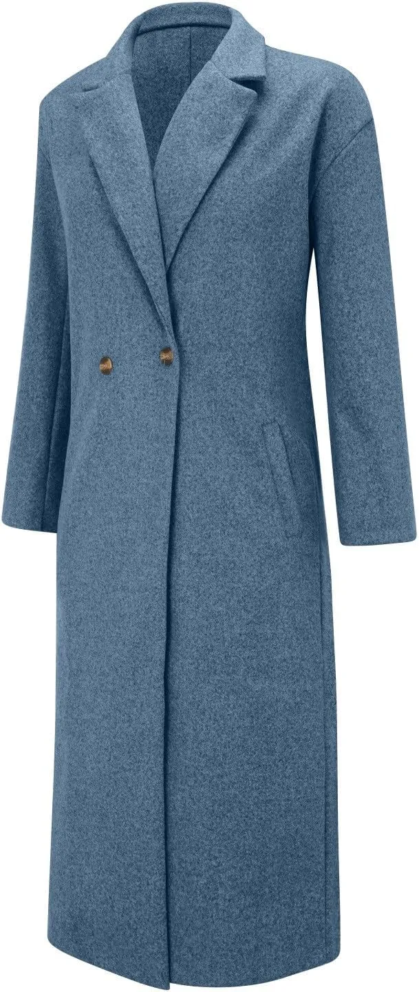 2024 Women's Winter Wool Blend Coat Oversized Double Breasted Long Trench Overcoat Long Sleeve Notch Lapel Coat