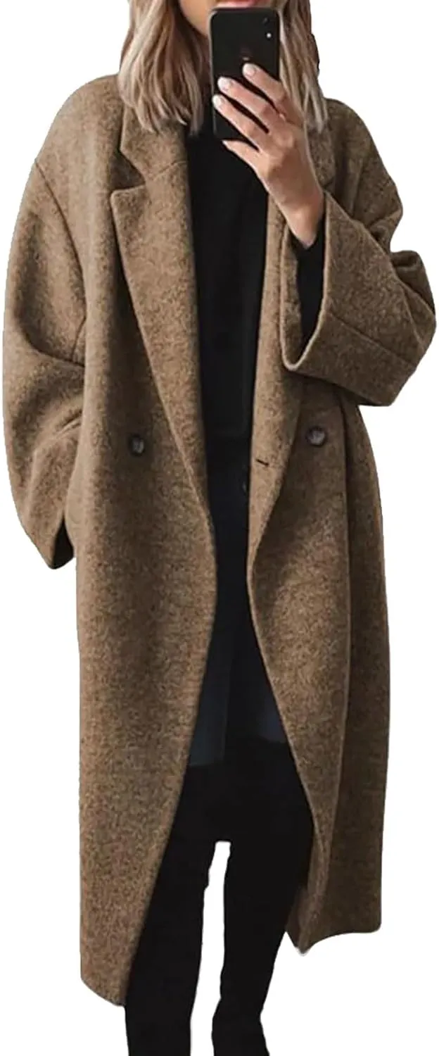 2024 Women's Winter Wool Blend Coat Oversized Double Breasted Long Trench Overcoat Long Sleeve Notch Lapel Coat