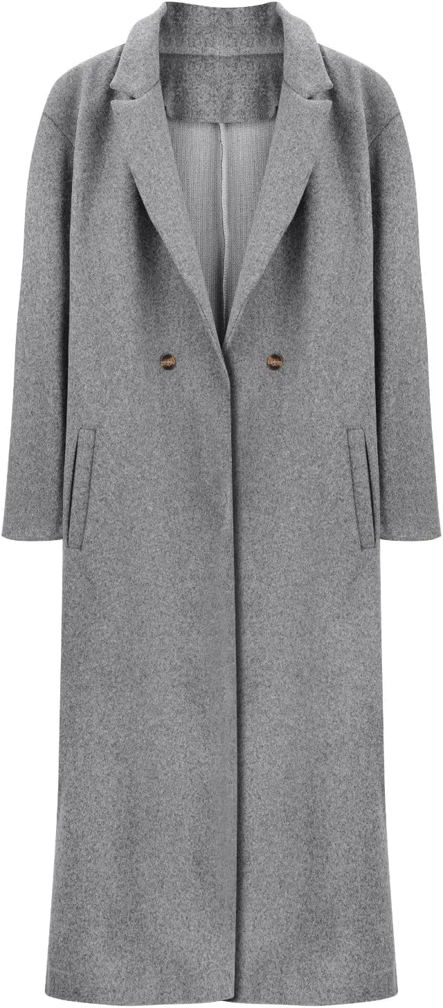 2024 Women's Winter Wool Blend Coat Oversized Double Breasted Long Trench Overcoat Long Sleeve Notch Lapel Coat