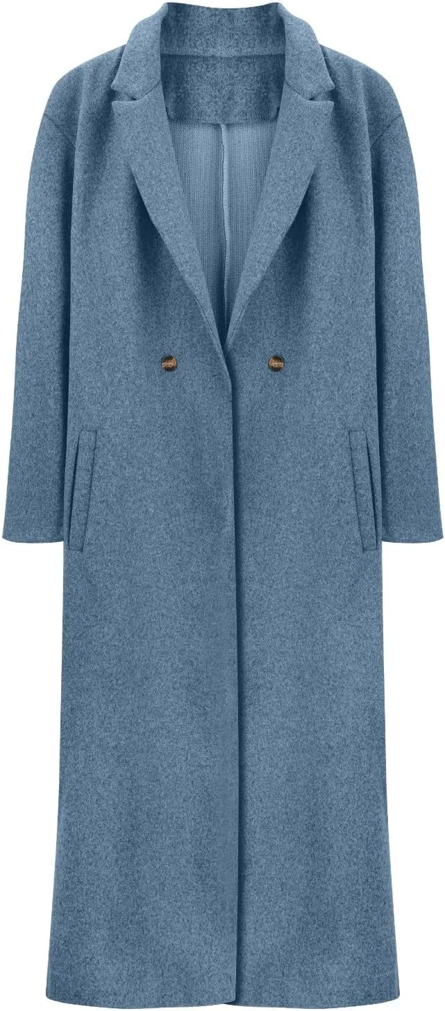 2024 Women's Winter Wool Blend Coat Oversized Double Breasted Long Trench Overcoat Long Sleeve Notch Lapel Coat