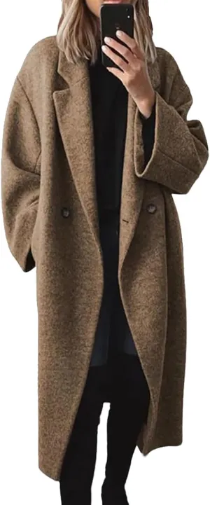 2024 Women's Winter Wool Blend Coat Oversized Double Breasted Long Trench Overcoat Long Sleeve Notch Lapel Coat
