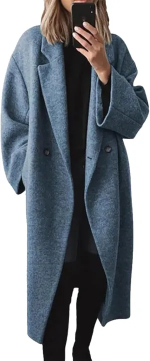 2024 Women's Winter Wool Blend Coat Oversized Double Breasted Long Trench Overcoat Long Sleeve Notch Lapel Coat