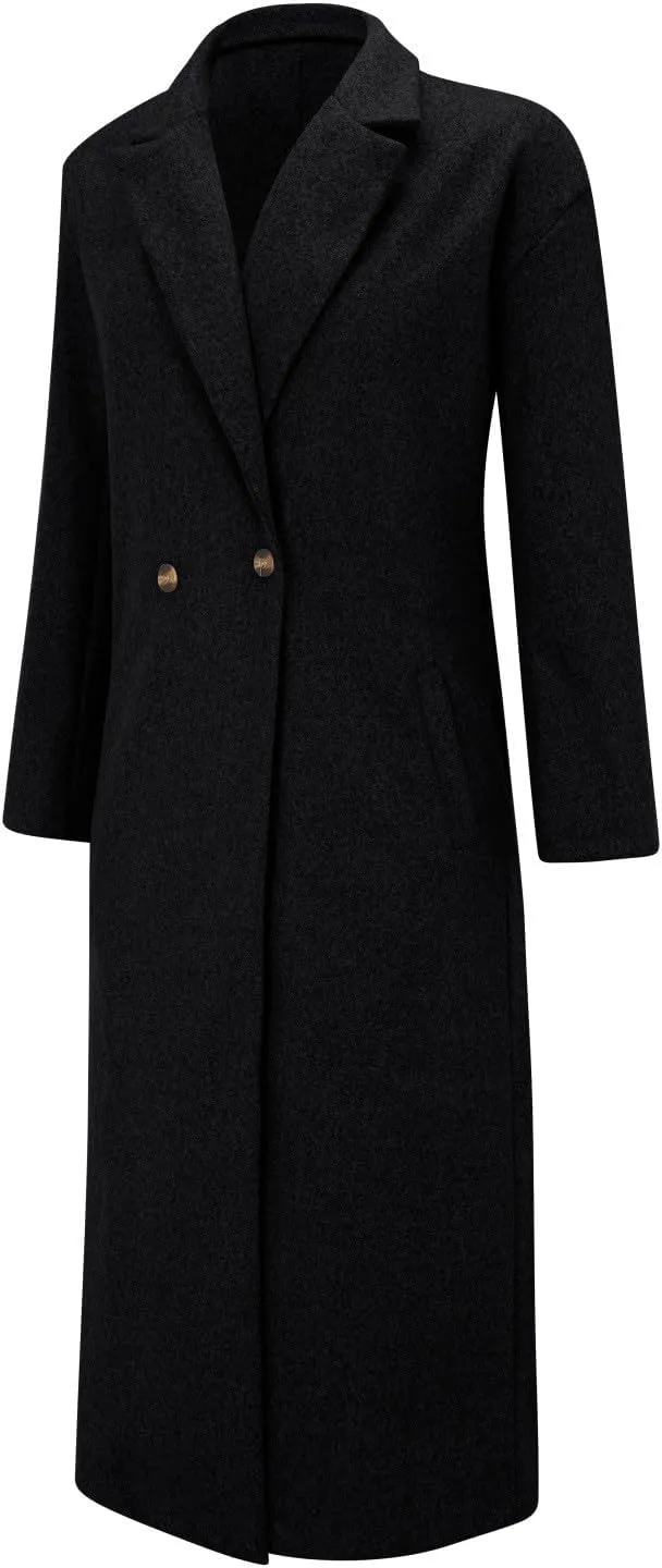 2024 Women's Winter Wool Blend Coat Oversized Double Breasted Long Trench Overcoat Long Sleeve Notch Lapel Coat