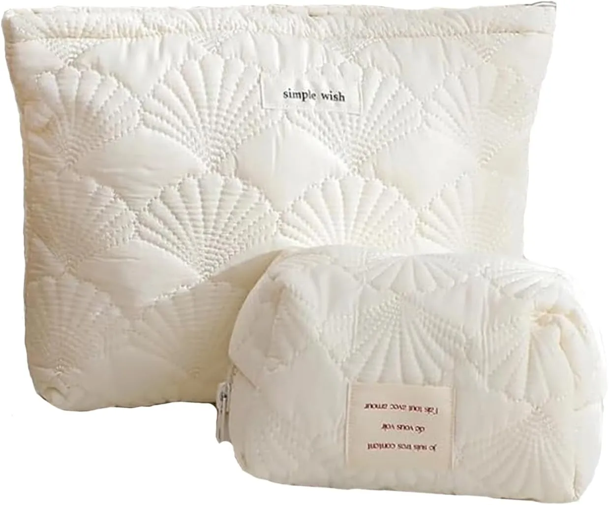 2PCS Quilted Cotton Makeup Bag Portable Travel Bag Cosmetic Bag Aesthetic Shell Toiletry Organizer Case Noble Elegant Pouch Bag For Women Girls White Color