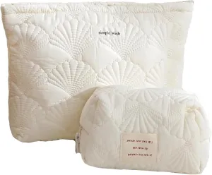 2PCS Quilted Cotton Makeup Bag Portable Travel Bag Cosmetic Bag Aesthetic Shell Toiletry Organizer Case Noble Elegant Pouch Bag For Women Girls White Color