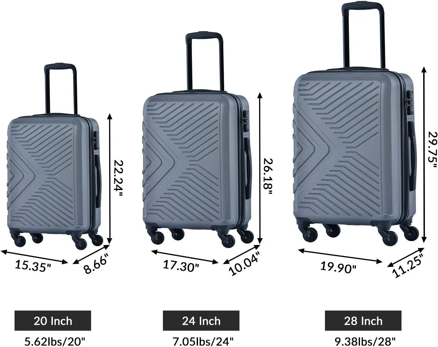 3 Piece Luggage Set Hard Shell with Spinner Wheels (suitcase.3.grey)