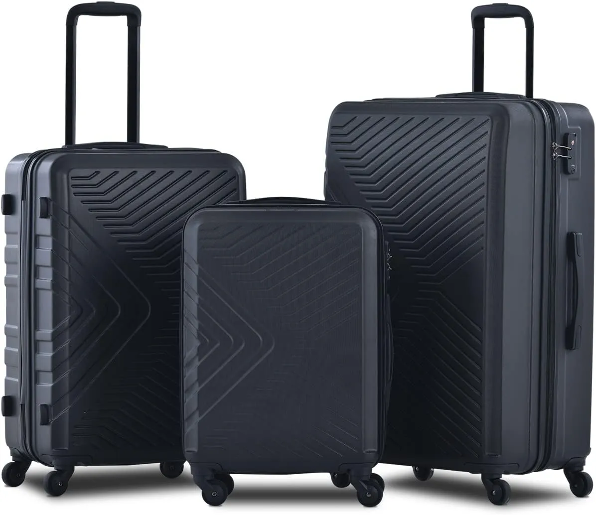 3 Piece Luggage Sets ABS Lightweight Suitcase with Two Hooks, Spinner Wheels, TSA Lock, (20/24/28) Black