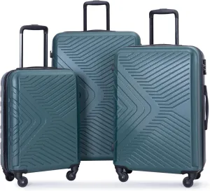 3 Piece Luggage Sets ABS Lightweight Suitcase with Two Hooks, Spinner Wheels, TSA Lock, (20/24/28), DARK GREEN
