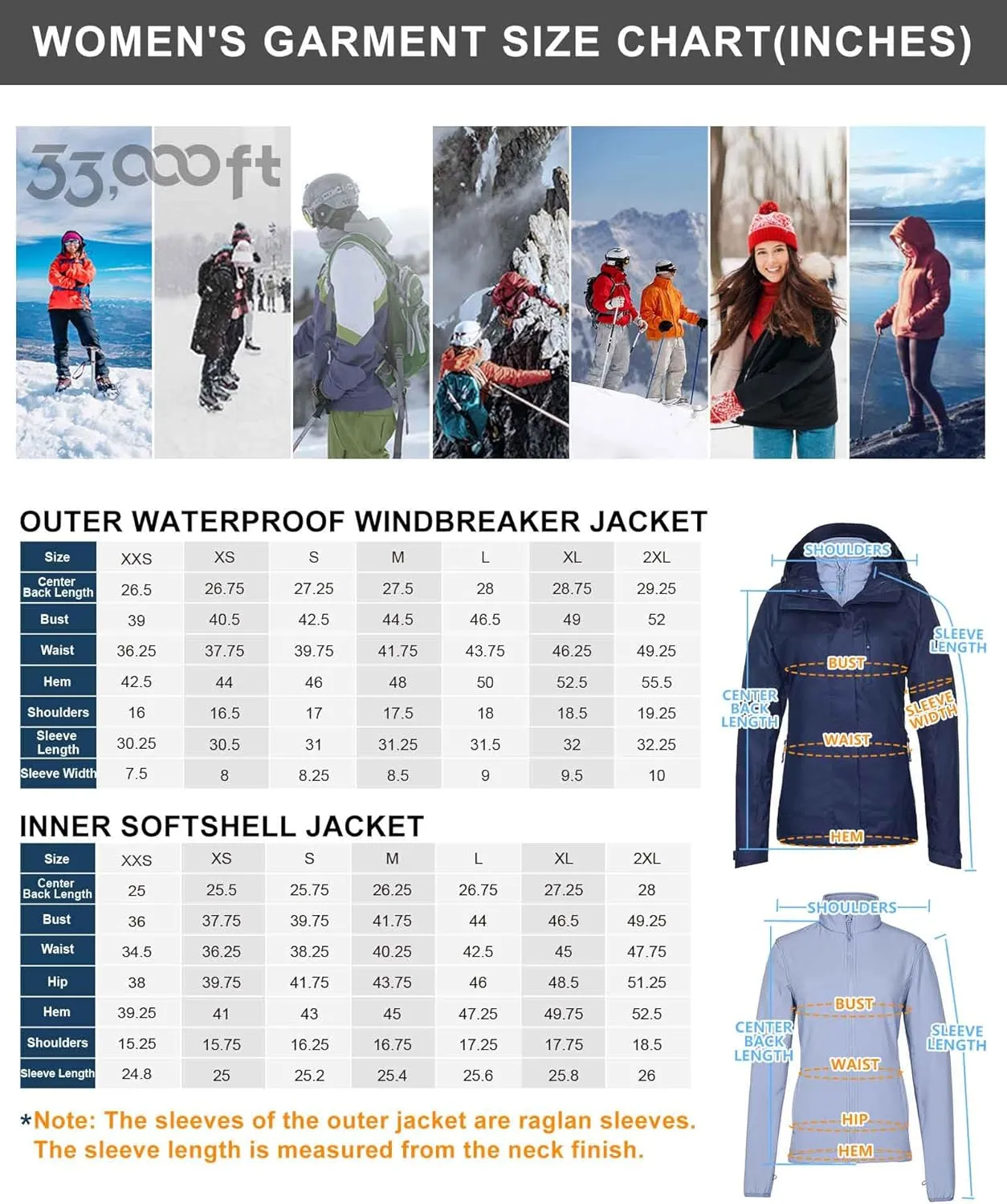33,000ft Women's 3 in 1 Hooded Waterproof Coat Winter Ski Hiking Rain Jacket Softshell Fleece Lined Raincoat Windbreaker