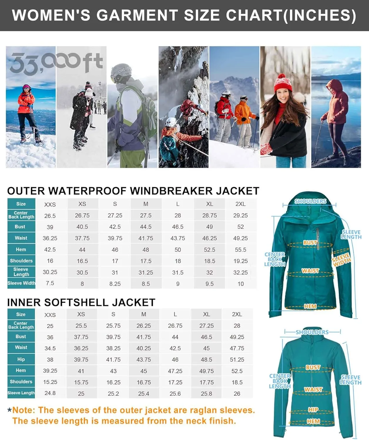 33,000ft Women's 3 in 1 Hooded Waterproof Coat Winter Ski Hiking Rain Jacket Softshell Fleece Lined Raincoat Windbreaker