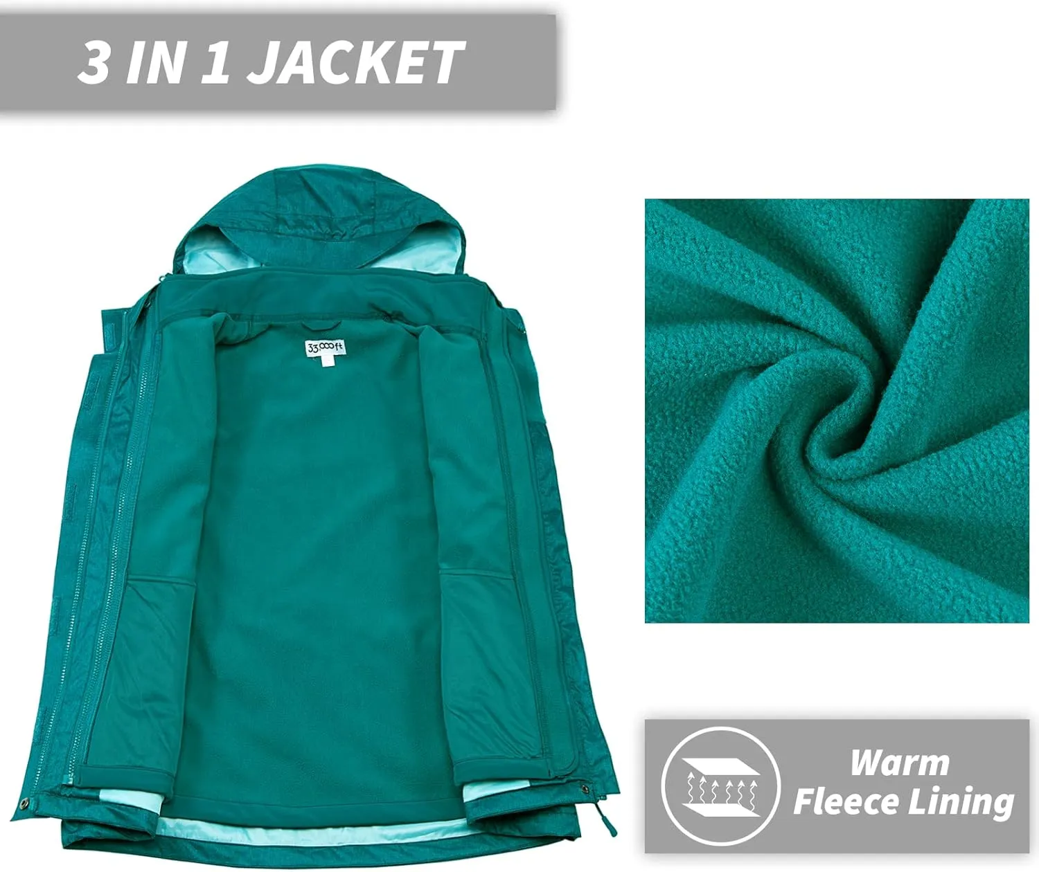 33,000ft Women's 3 in 1 Hooded Waterproof Coat Winter Ski Hiking Rain Jacket Softshell Fleece Lined Raincoat Windbreaker