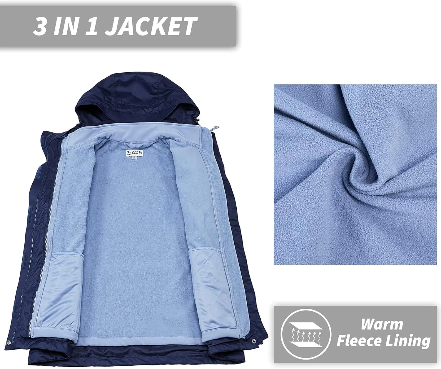 33,000ft Women's 3 in 1 Hooded Waterproof Coat Winter Ski Hiking Rain Jacket Softshell Fleece Lined Raincoat Windbreaker