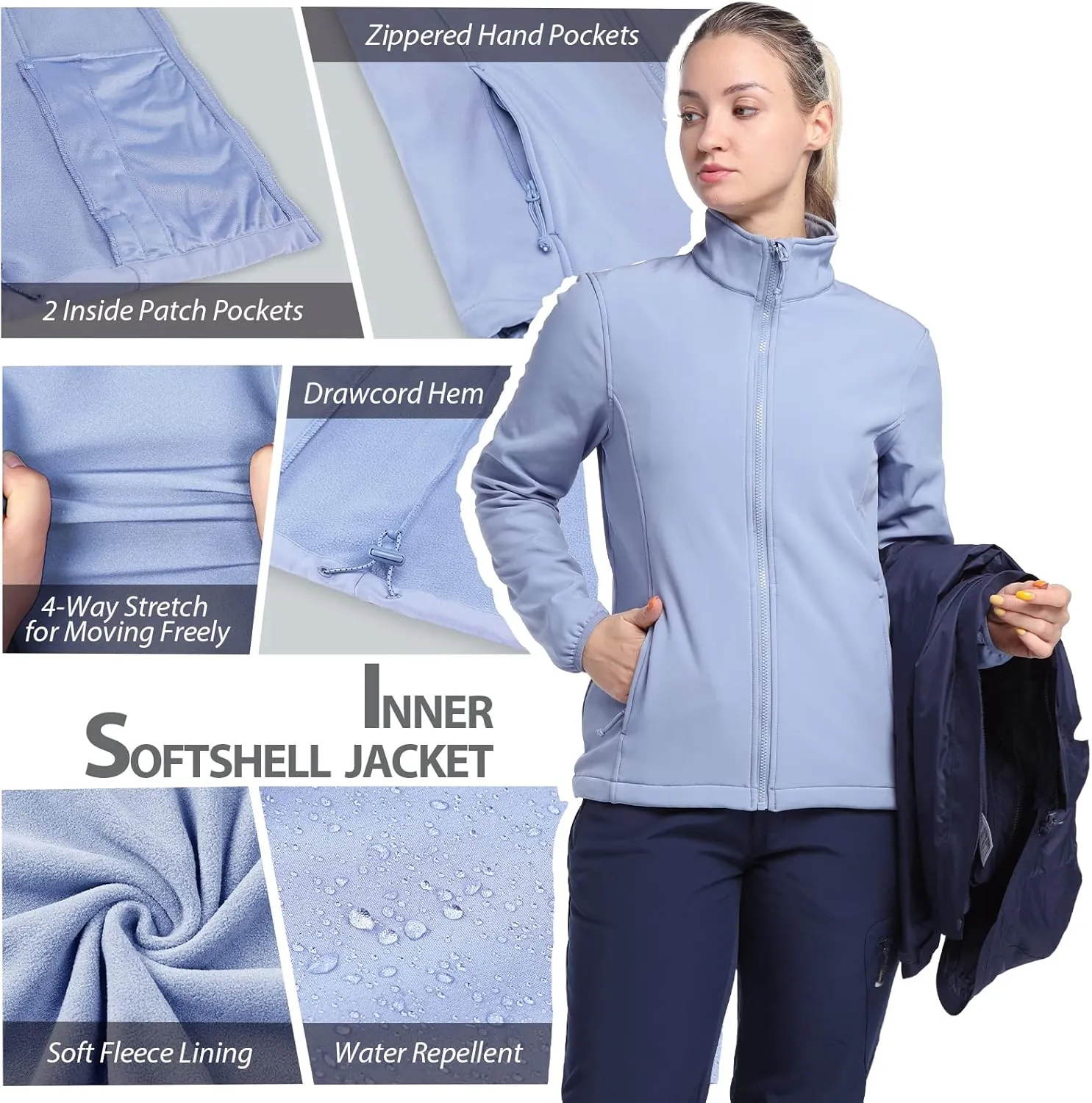 33,000ft Women's 3 in 1 Hooded Waterproof Coat Winter Ski Hiking Rain Jacket Softshell Fleece Lined Raincoat Windbreaker