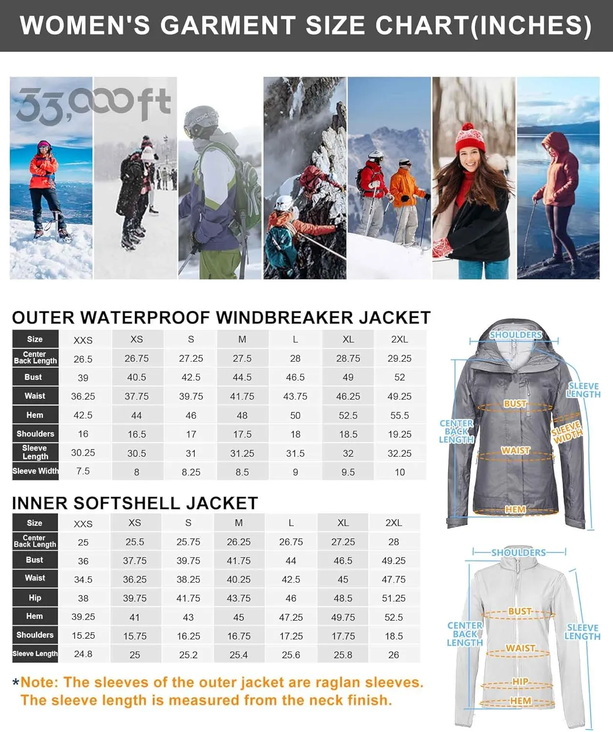 33,000ft Women's 3 in 1 Hooded Waterproof Coat Winter Ski Hiking Rain Jacket Softshell Fleece Lined Raincoat Windbreaker