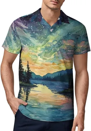 Aurora Starry Sky Night Men's Polo-Shirt Regular-Fit Short Sleeve Sports Quick Dry Golf Tennis T-Shirt