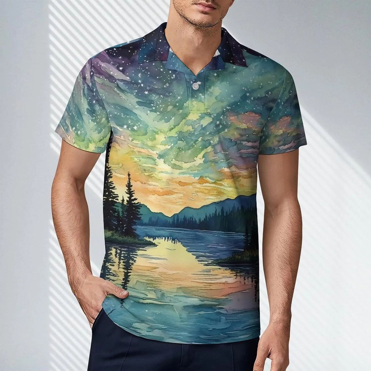 Aurora Starry Sky Night Men's Polo-Shirt Regular-Fit Short Sleeve Sports Quick Dry Golf Tennis T-Shirt