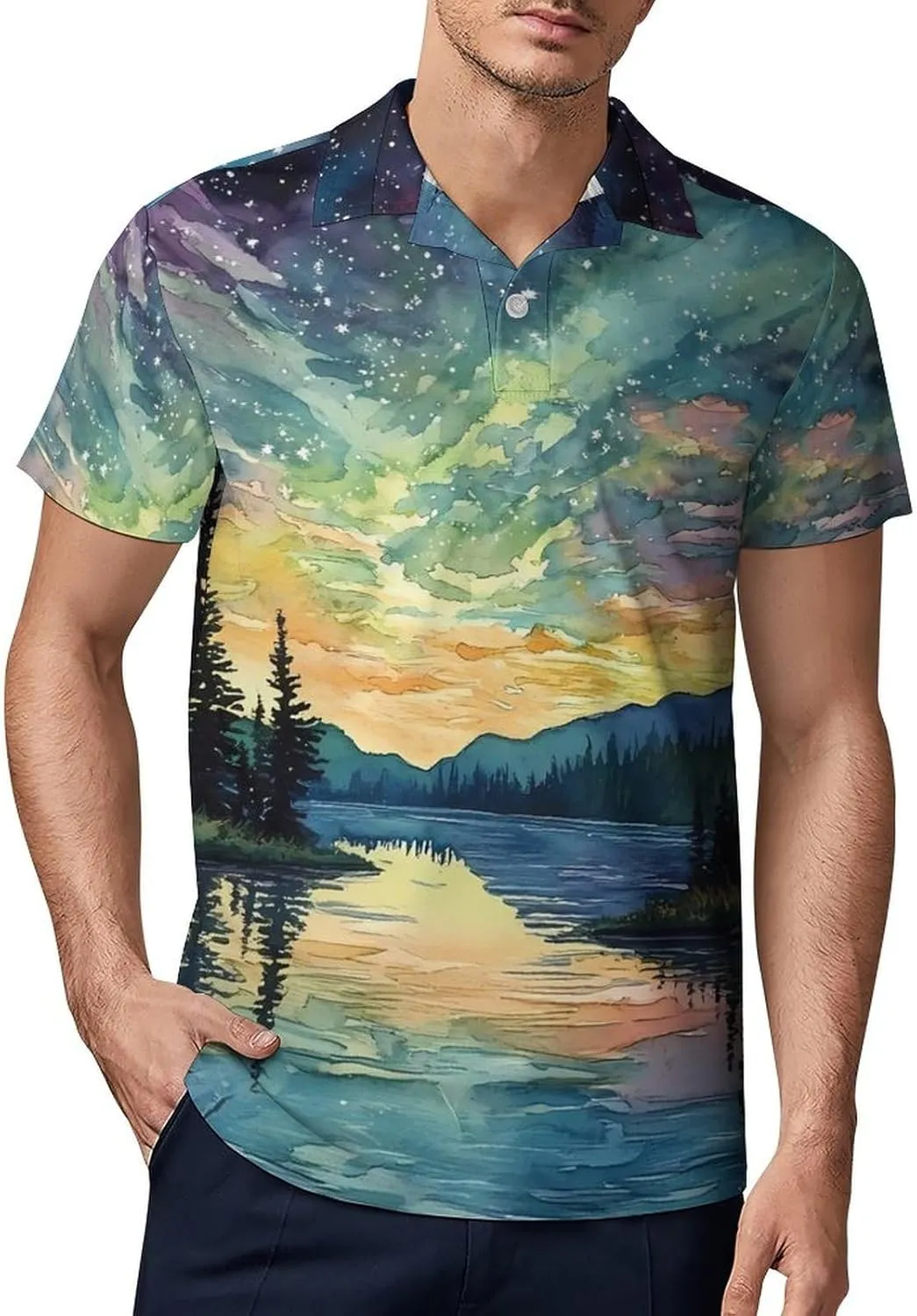 Aurora Starry Sky Night Men's Polo-Shirt Regular-Fit Short Sleeve Sports Quick Dry Golf Tennis T-Shirt