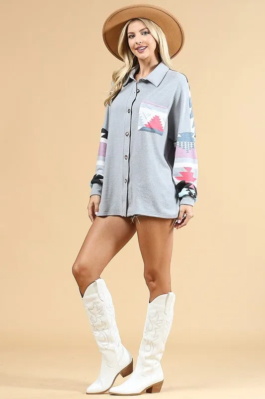 AZTEC PRINT COLOR BLOCK BUTTON DOWN JACKET