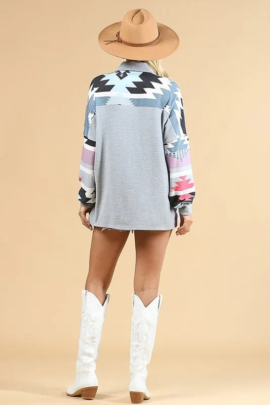 AZTEC PRINT COLOR BLOCK BUTTON DOWN JACKET