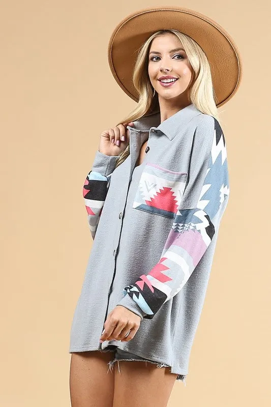 AZTEC PRINT COLOR BLOCK BUTTON DOWN JACKET