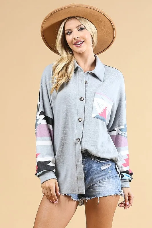 AZTEC PRINT COLOR BLOCK BUTTON DOWN JACKET