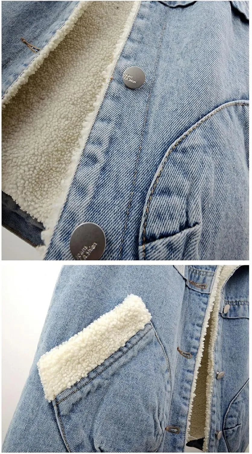 Binmer Womens Sherpa Fleece Lined Denim Vest Lapel Coat Loose Sleeveless Wool Warm Jean Jacket Waistcoat Outwear with Pocket