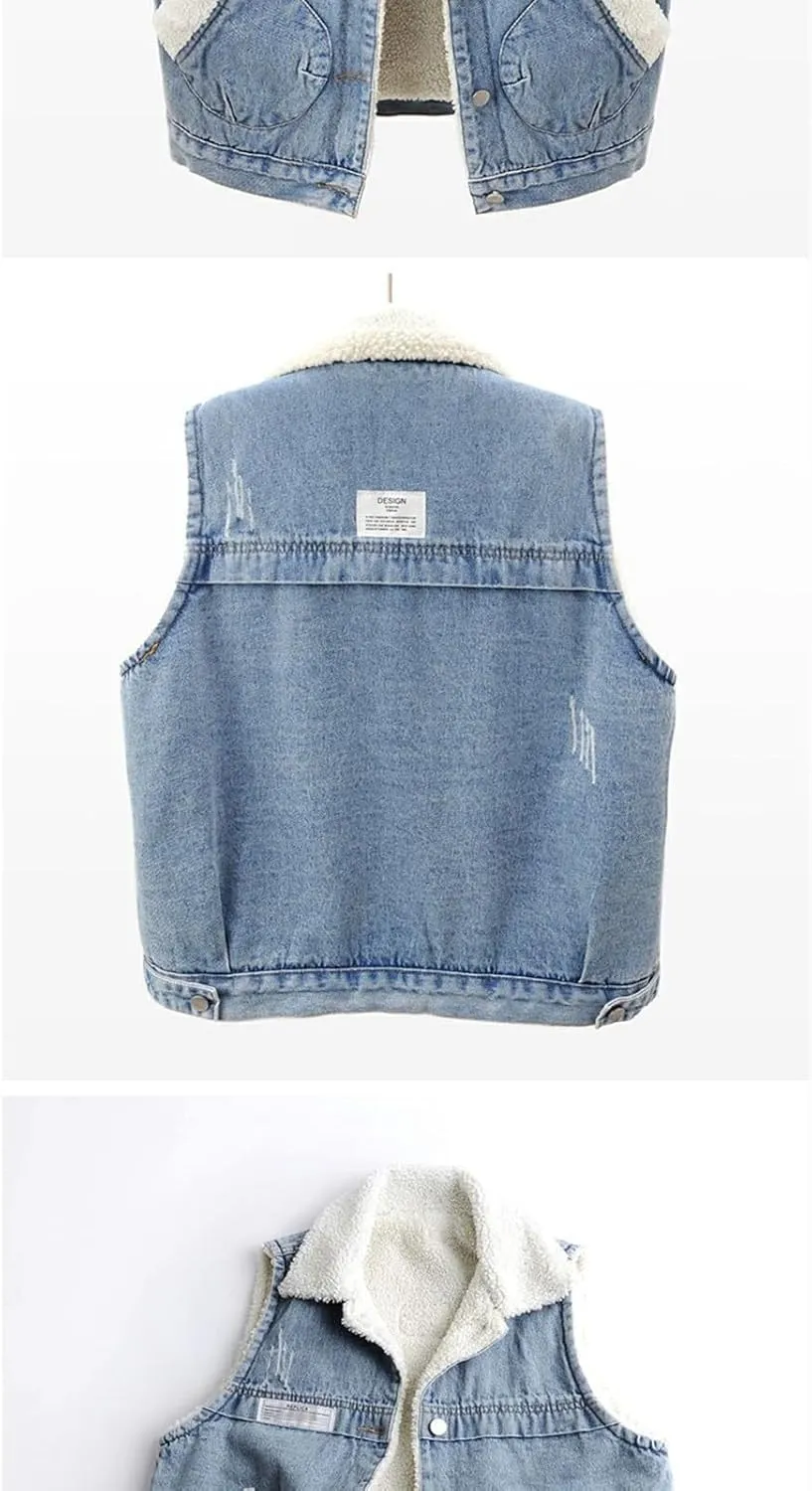 Binmer Womens Sherpa Fleece Lined Denim Vest Lapel Coat Loose Sleeveless Wool Warm Jean Jacket Waistcoat Outwear with Pocket