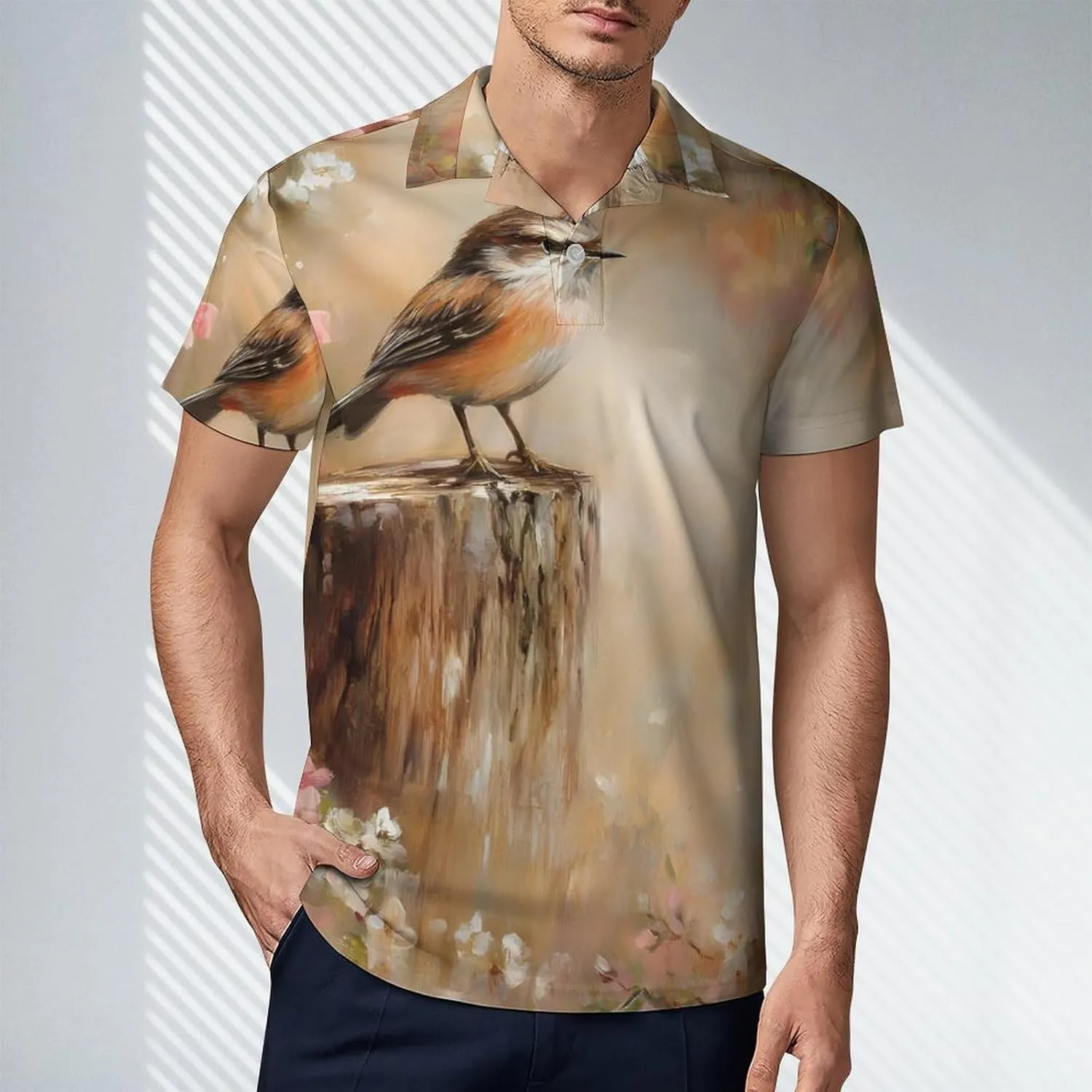 Bird on A Tree Stump Men's Polo-Shirt Regular-Fit Short Sleeve Sports Quick Dry Golf Tennis T-Shirt
