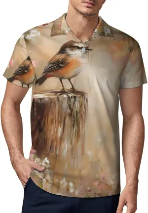 Bird on A Tree Stump Men's Polo-Shirt Regular-Fit Short Sleeve Sports Quick Dry Golf Tennis T-Shirt