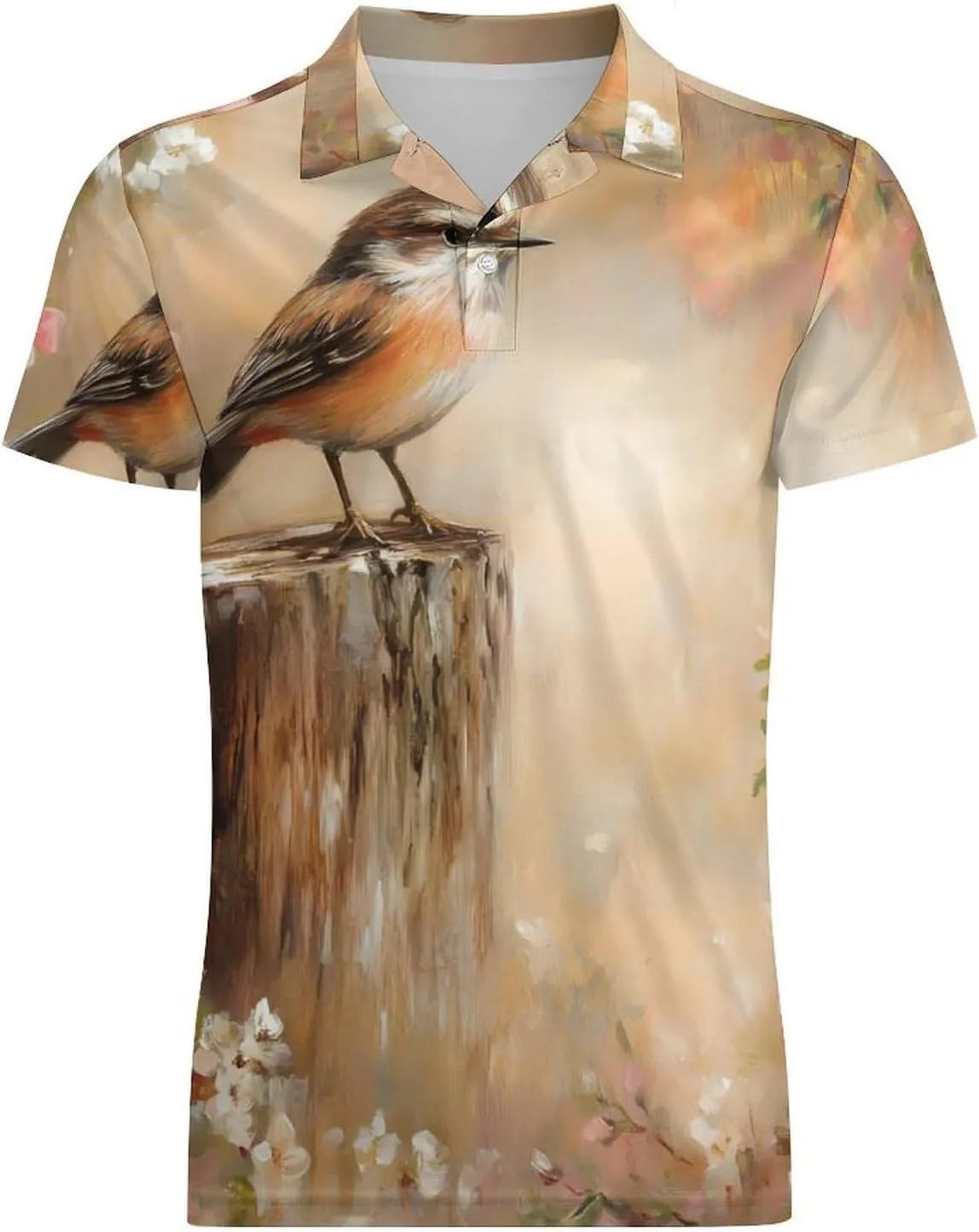 Bird on A Tree Stump Men's Polo-Shirt Regular-Fit Short Sleeve Sports Quick Dry Golf Tennis T-Shirt
