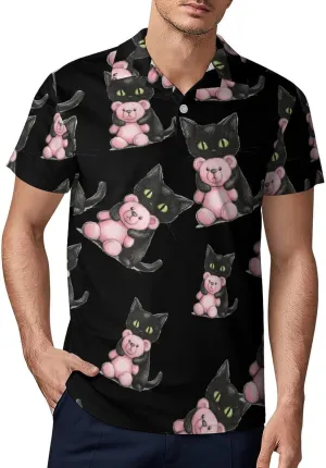 Black Cat Friend Teddy Bear Men's Polo-Shirt Regular-Fit Short Sleeve Sports Quick Dry Golf Tennis T-Shirt