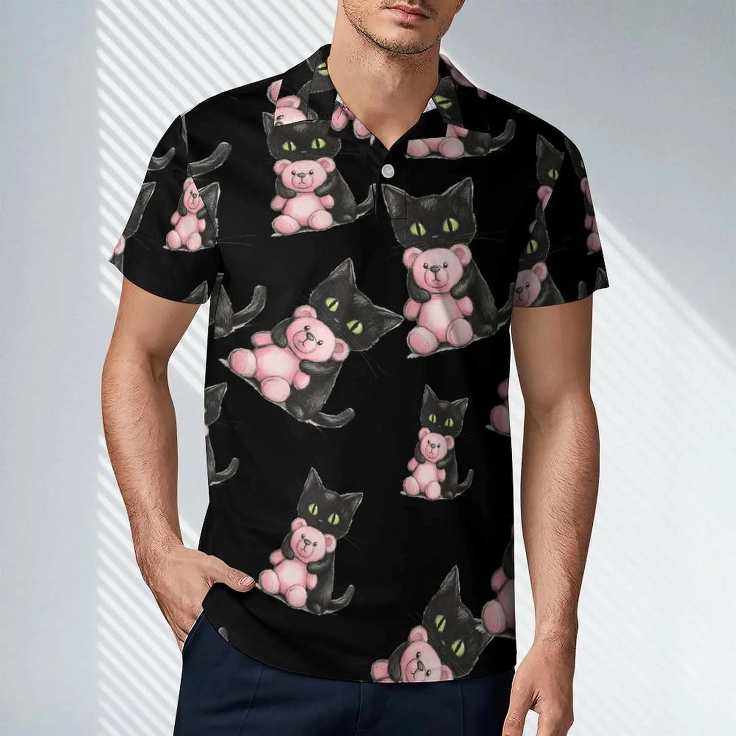 Black Cat Friend Teddy Bear Men's Polo-Shirt Regular-Fit Short Sleeve Sports Quick Dry Golf Tennis T-Shirt