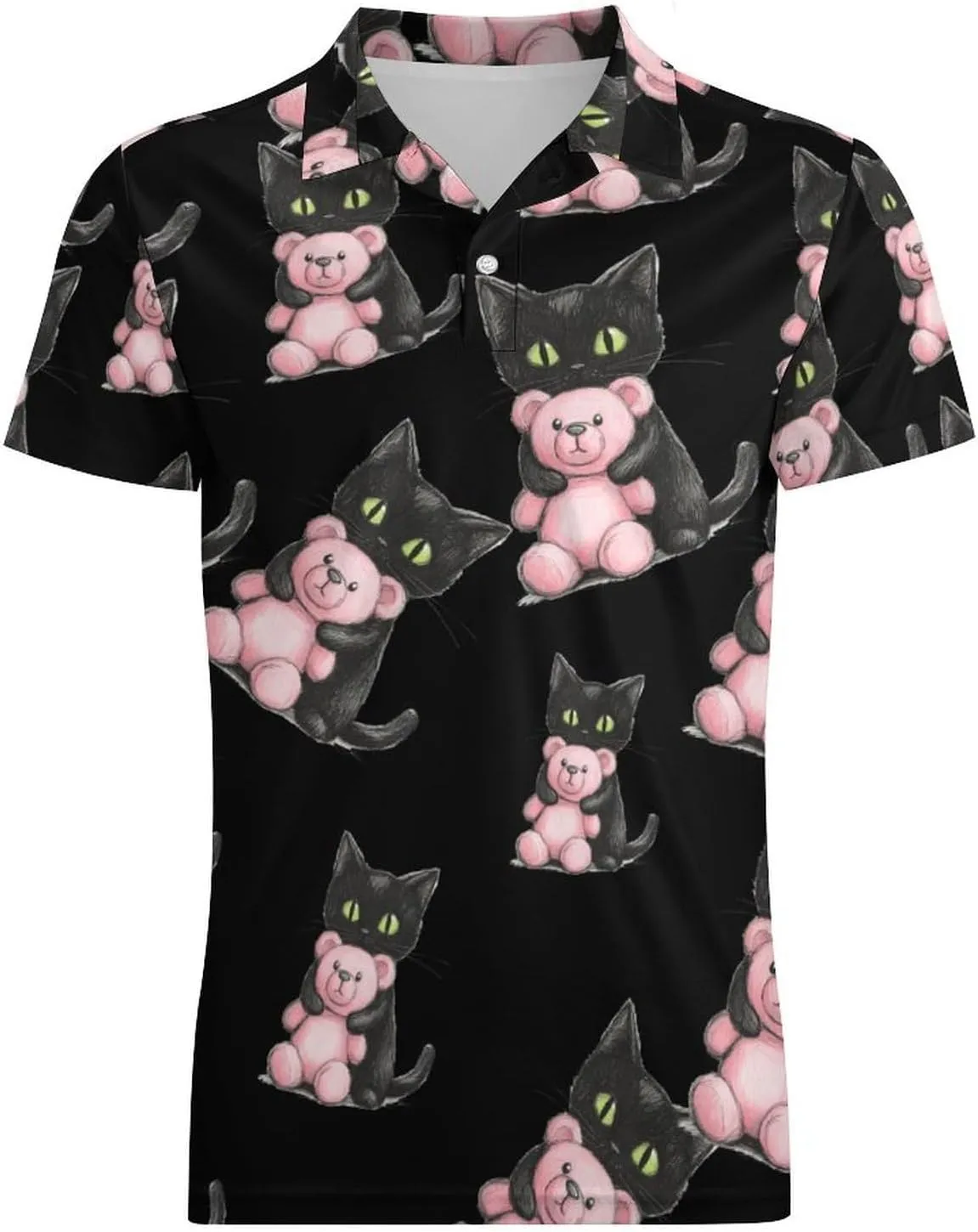 Black Cat Friend Teddy Bear Men's Polo-Shirt Regular-Fit Short Sleeve Sports Quick Dry Golf Tennis T-Shirt