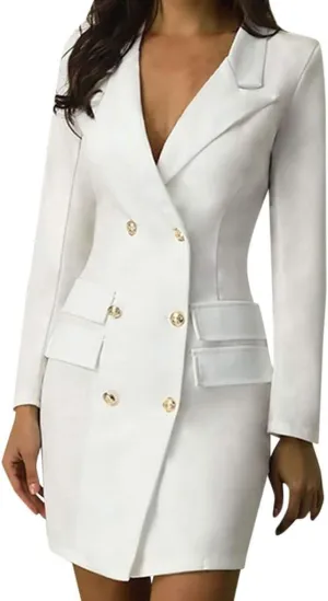 Blazer Dress for Women Sexy Notch Lapel Double Breasted Button Formal Suit Jackets Work Office Business Coat