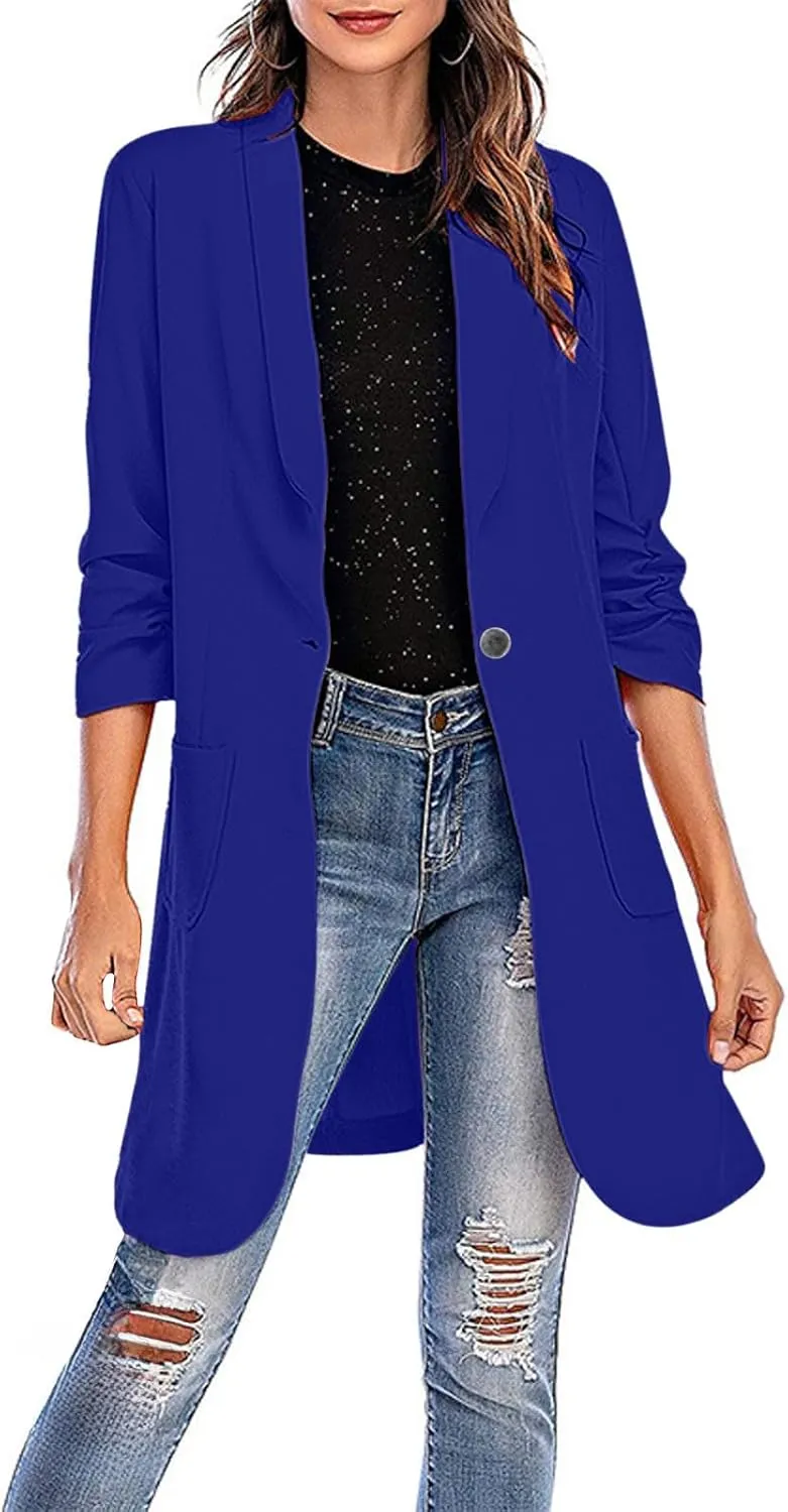 Blazers for Women Casual Ruched 3/4 Sleeve Lapel Oversized Long Blazer Jackets Business Work Cardigan Trench Coats