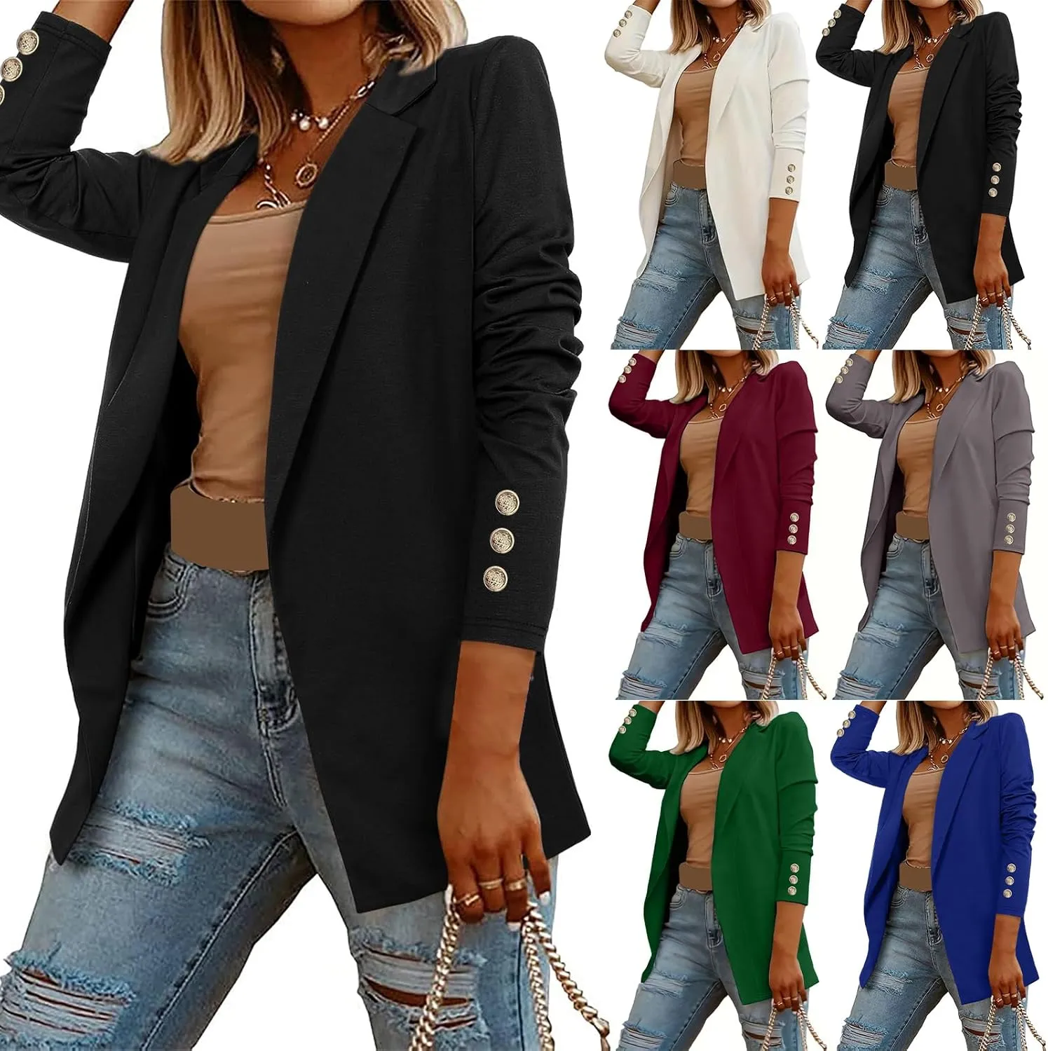 Blazers for Women Long Sleeve Open Front Top Business Casual Suit Jackets Office Work Coat Lapel Button Blazer Jacket