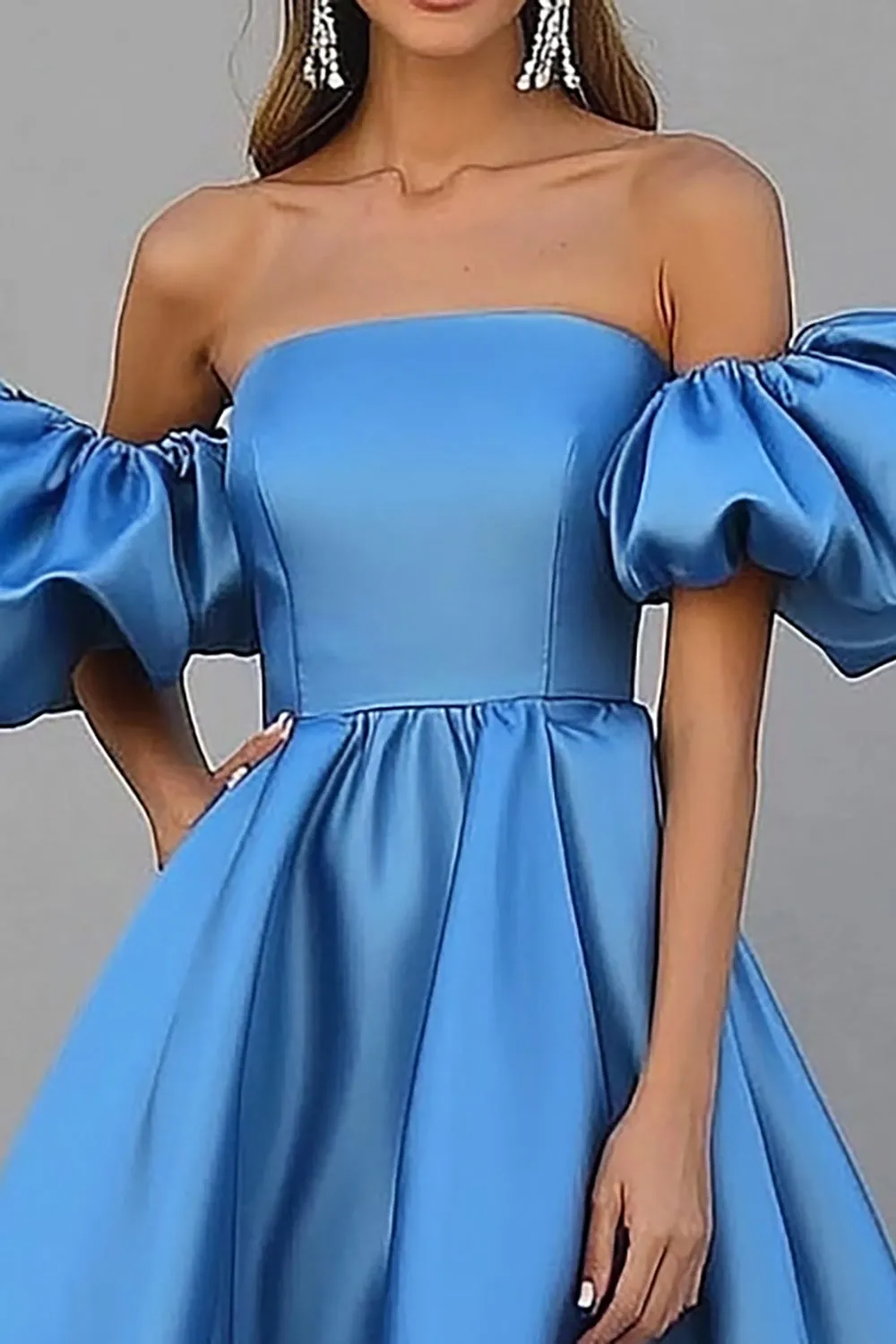 Blue A Line Off The Shoulder Ruched Satin Gala Dress