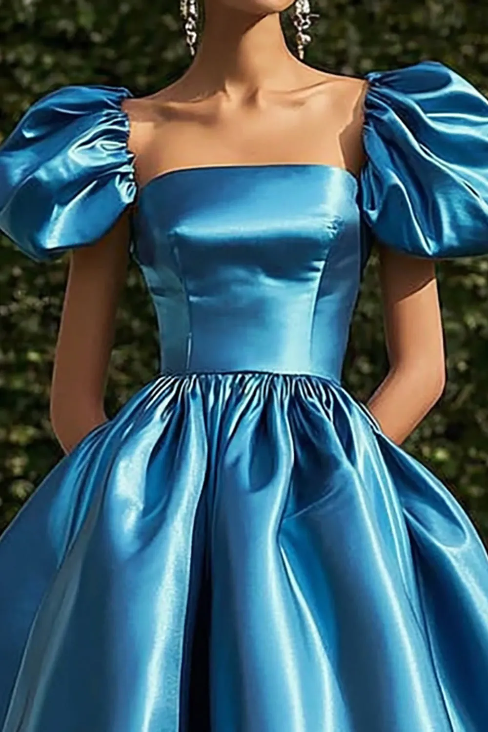 Blue Satin A Line Tea Length Gala Dress with Puff Sleeves