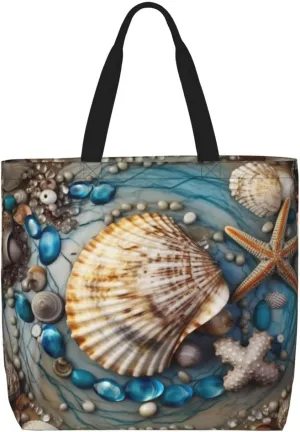 Canvas Tote Bag for Women Shoulder Tote Purse Reusable Grocery Bag ocean shell art Aesthetic Shopping Bags