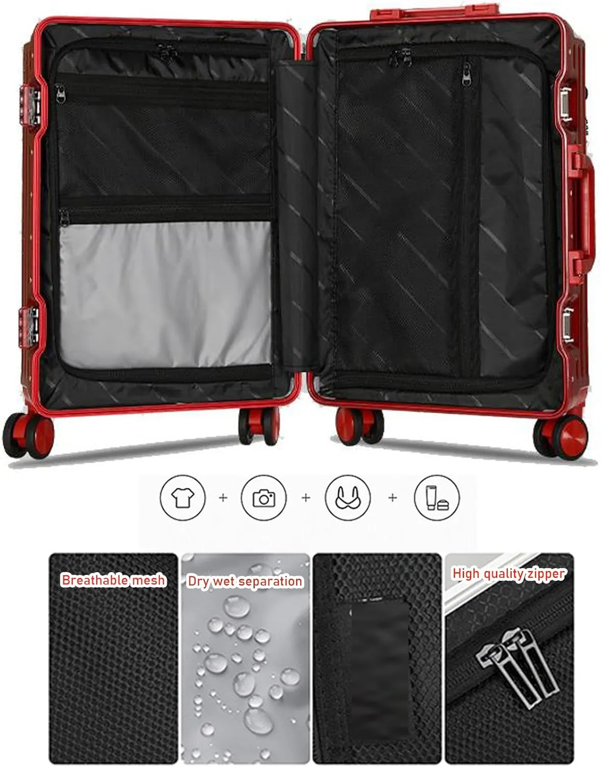 Carry on Luggage Ultra Lightweight Hard Shell Suitcase Cabin Size Wear Resistant Aluminum Frame 360  Universal Wheel TSA Password Lock,Red,26in